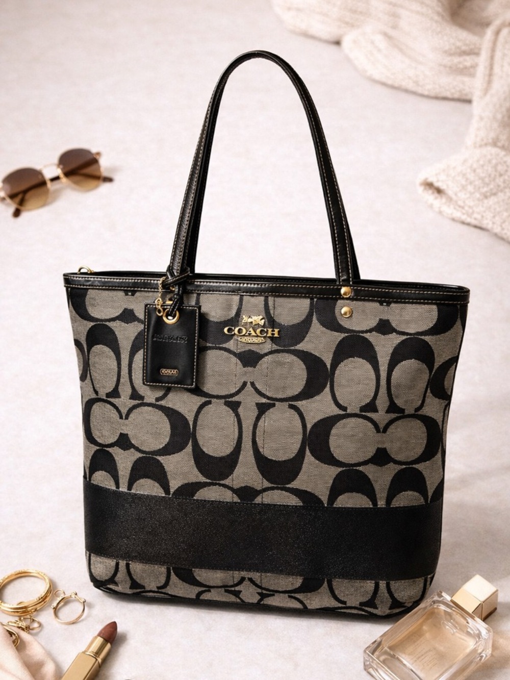 Coach Signature Black Gray Canvas Leather structured logo Shoulder Bag - Picture 16 of 16